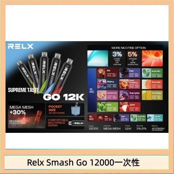 Relx Smash Go 12000一次性 Relx Smash Go 12000 Puffs 一次性電子煙拋棄式12W輸出