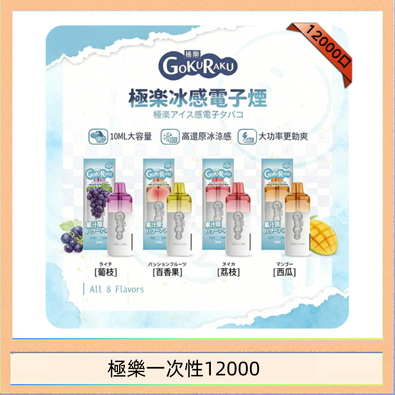 極樂一次性12000 【8種口味】極楽 12000口一次性電子煙|超大容量 |口感絲滑|新品
